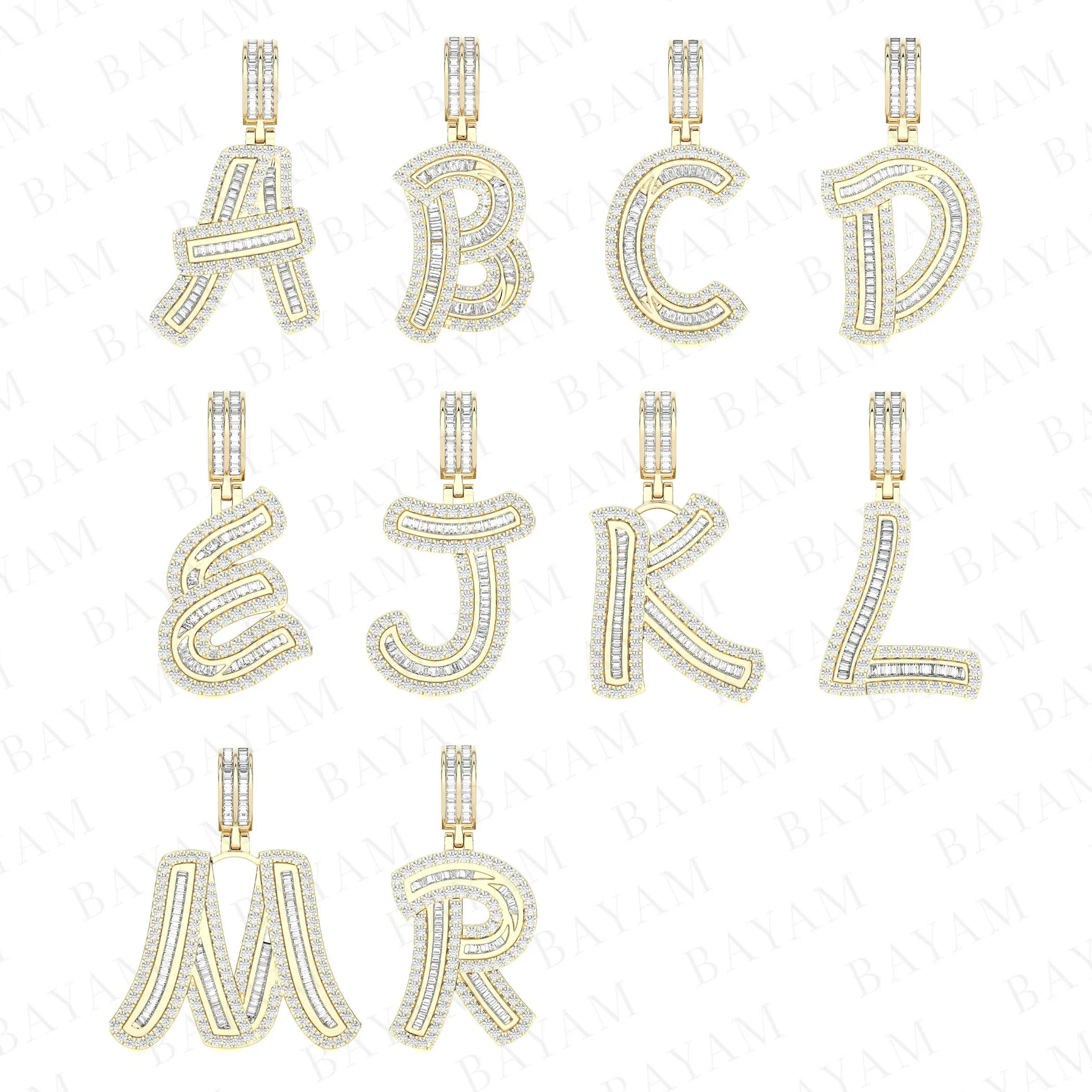 1 3/8" Baguette & Round Cut Diamond Initial Pendant 14K Yellow Gold