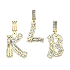 1 3/8" Baguette & Round Cut Diamond Initial Pendant 14K Yellow Gold