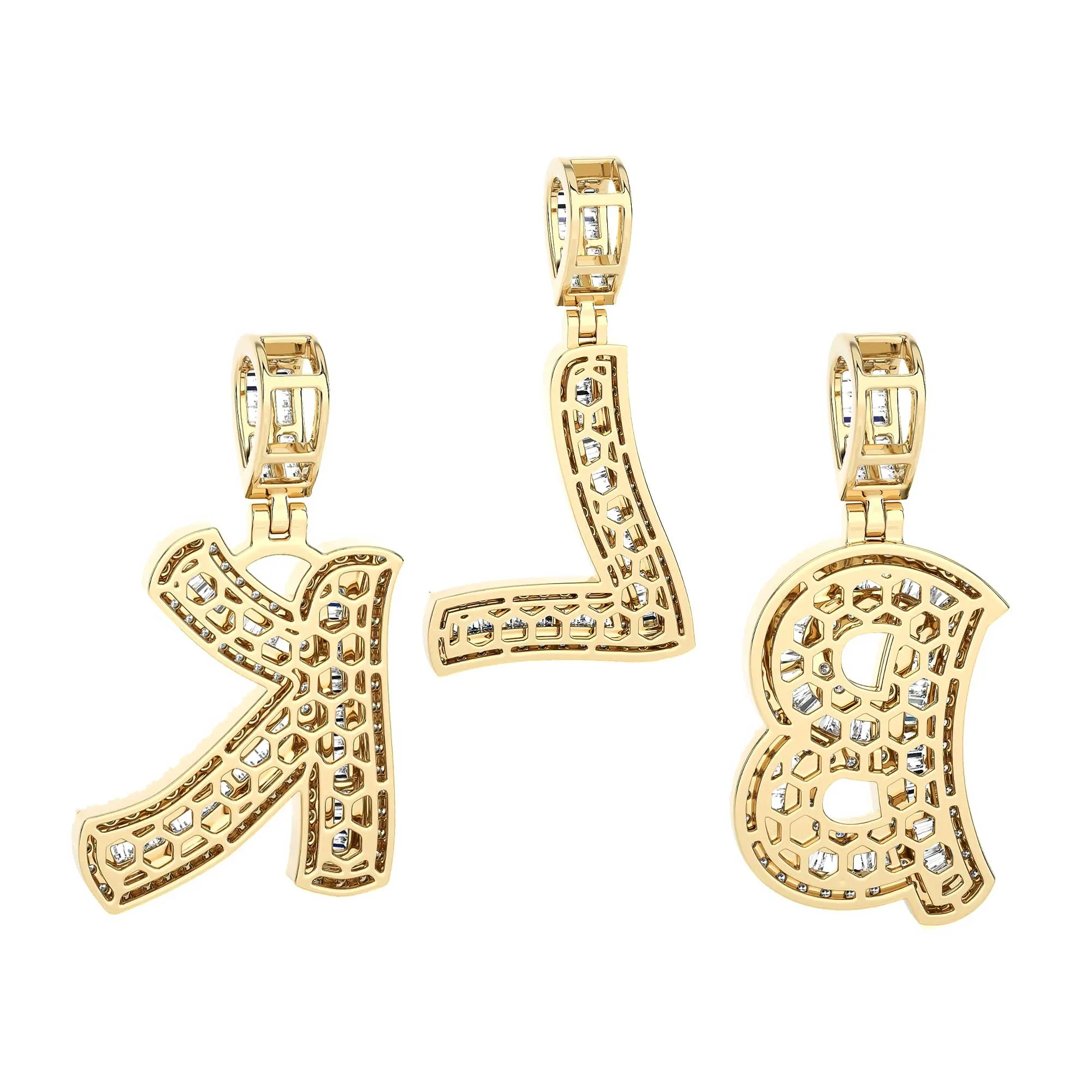 1 3/8" Baguette & Round Cut Diamond Initial Pendant 14K Yellow Gold
