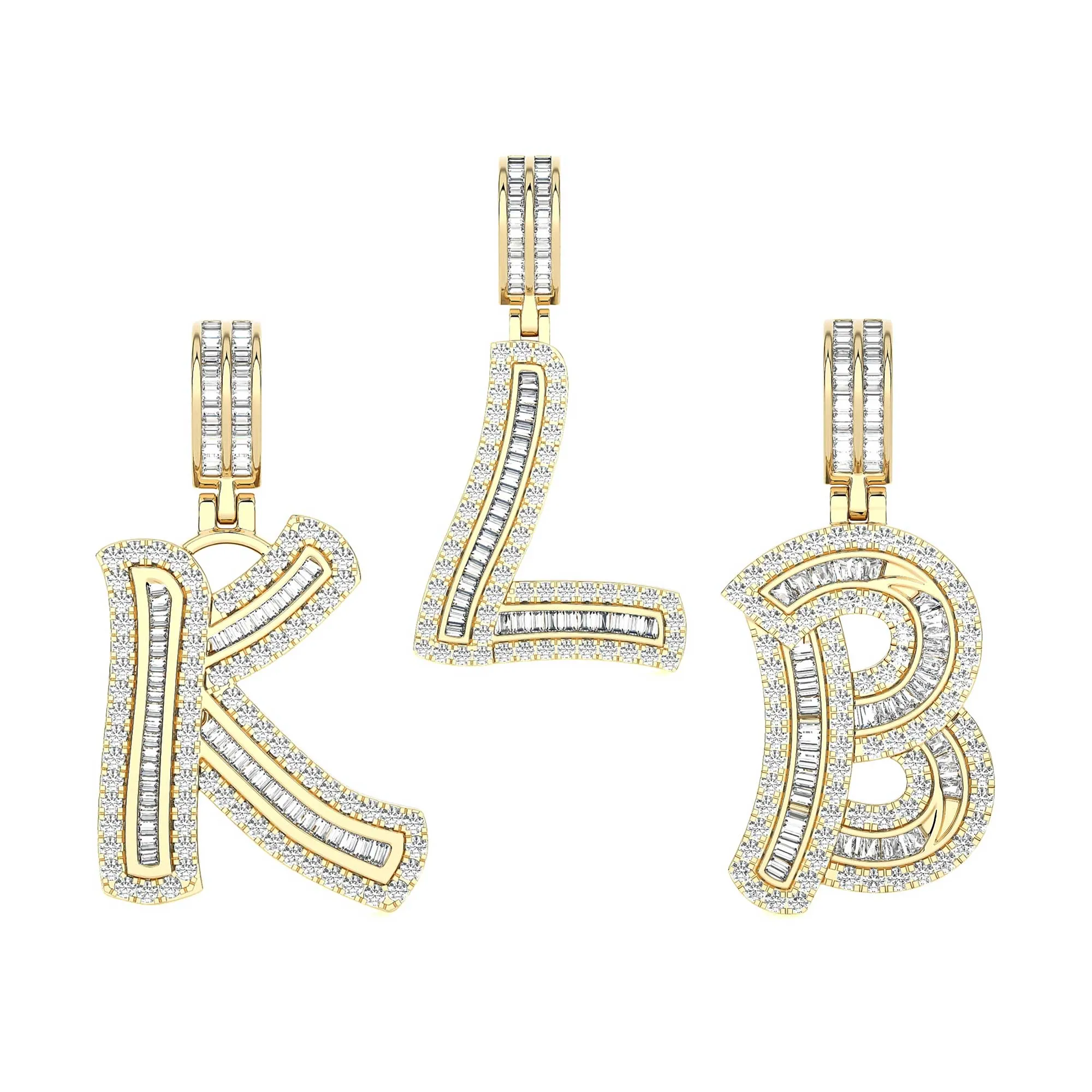 1 3/8" Baguette & Round Cut Diamond Initial Pendant 14K Yellow Gold