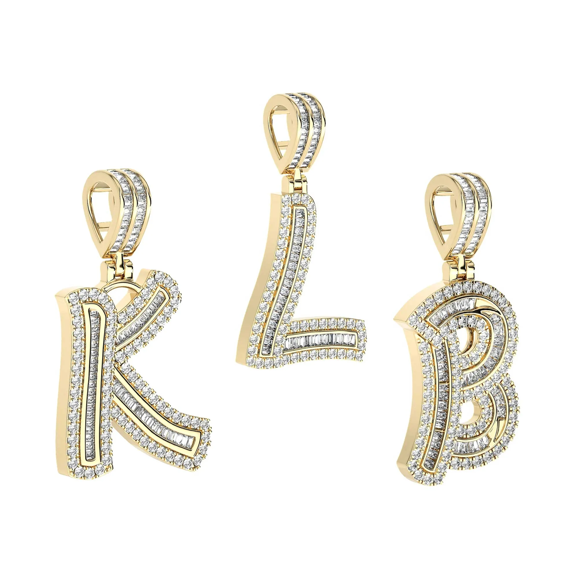 1 3/8" Baguette & Round Cut Diamond Initial Pendant 14K Yellow Gold