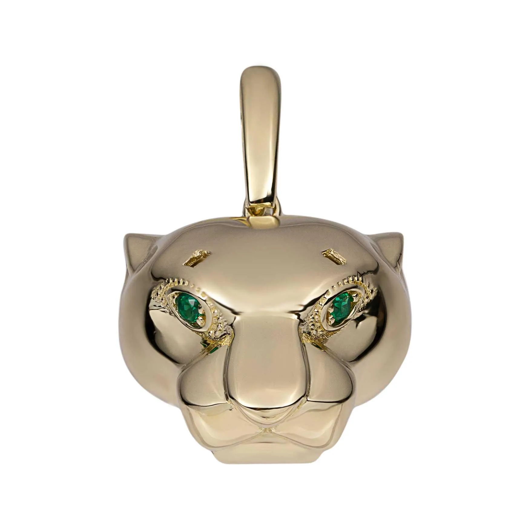 1 3/8" Panther Head with Green Eyes Pendant Solid 14K Yellow Gold