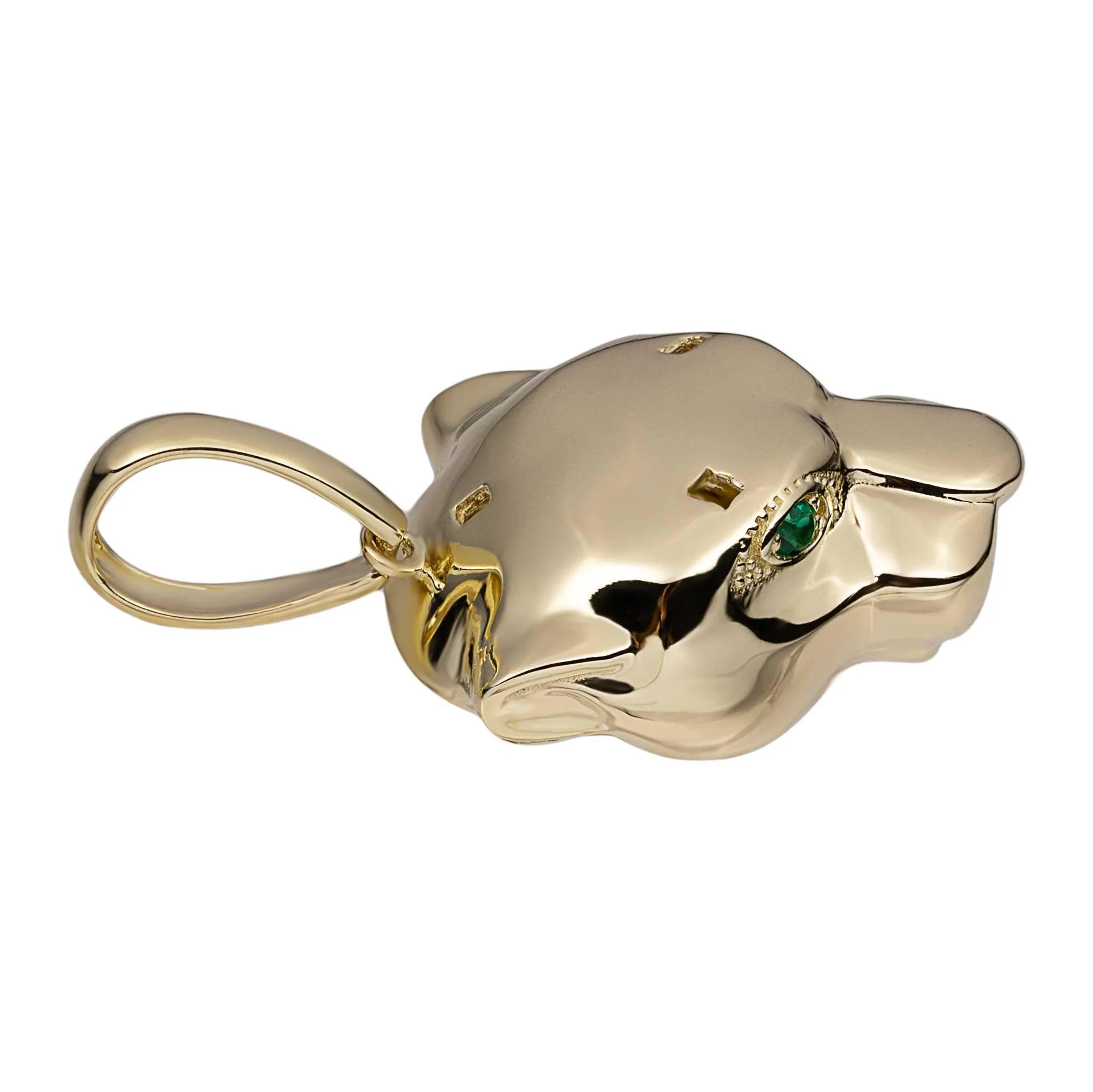 1 3/8" Panther Head with Green Eyes Pendant Solid 14K Yellow Gold