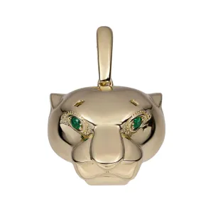 1 3/8" Panther Head with Green Eyes Pendant Solid 14K Yellow Gold
