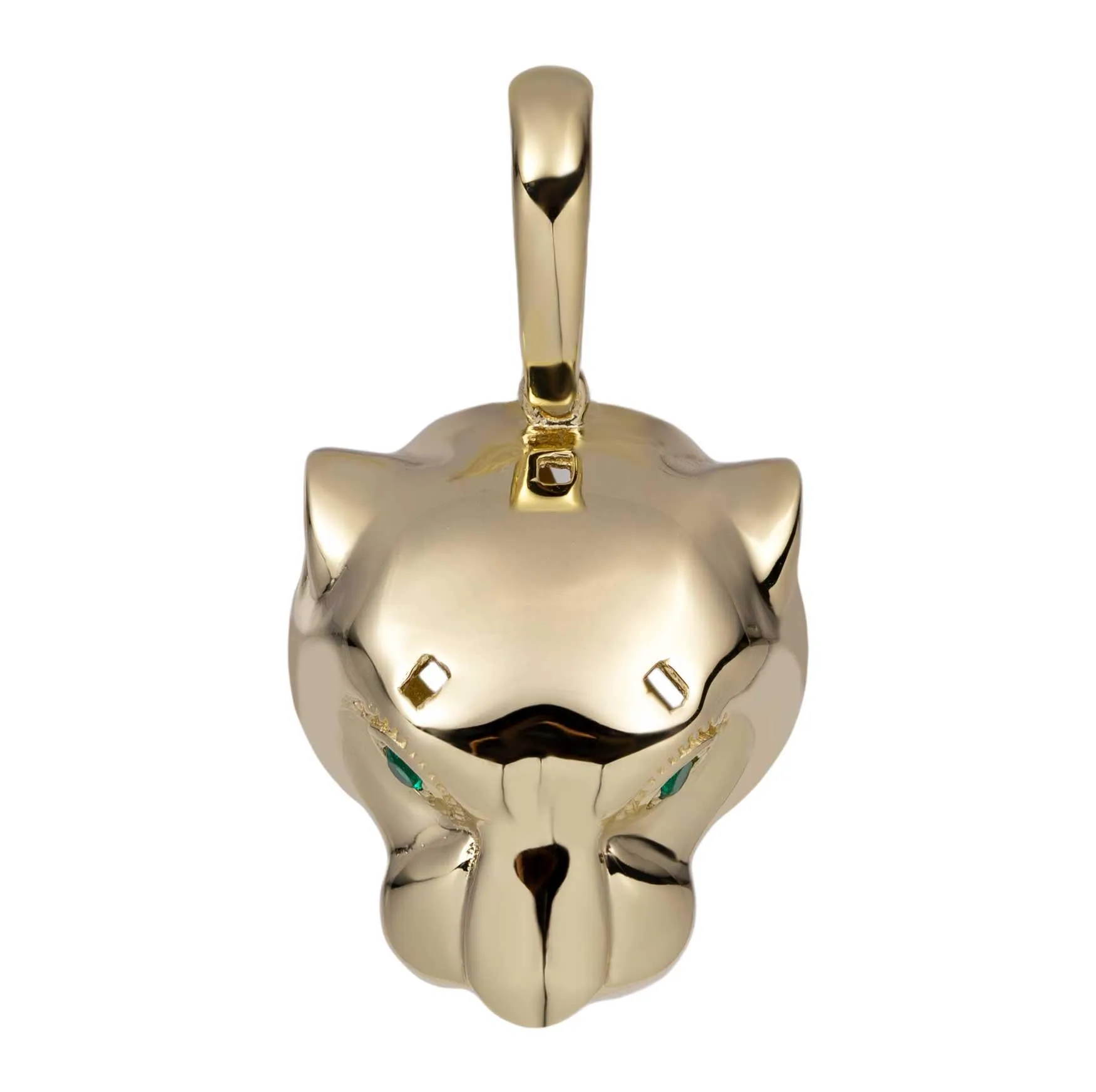 1 3/8" Panther Head with Green Eyes Pendant Solid 14K Yellow Gold