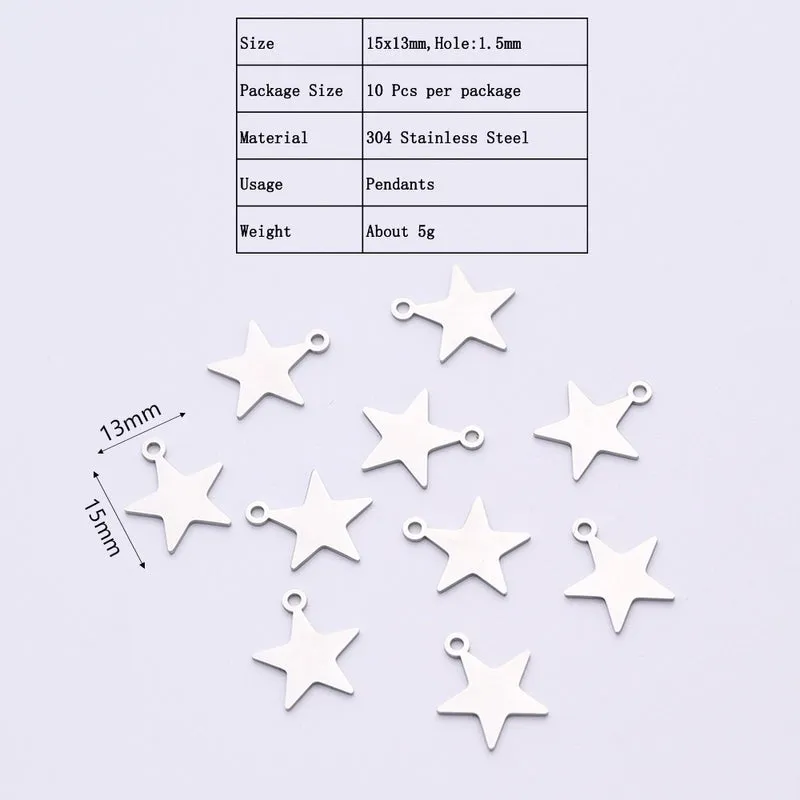 10 PCS/Package 13 * 15mm Hole 1~1.9mm 304 Stainless Steel Gold Plated Pentagram Star Polished Pendant