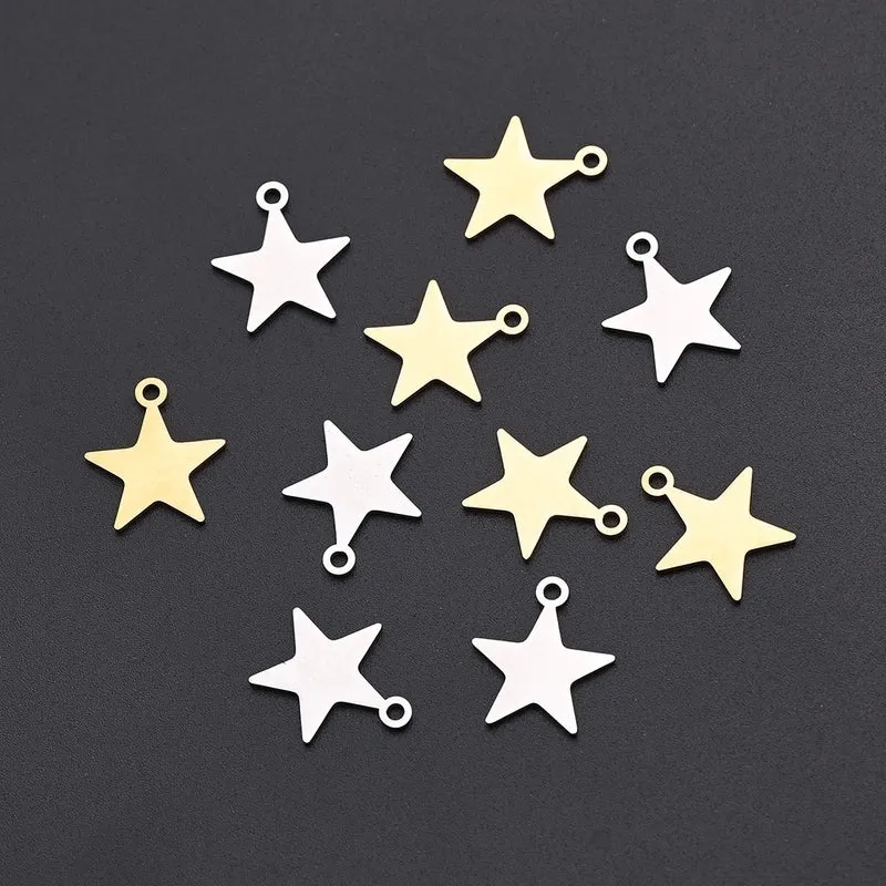 10 PCS/Package 13 * 15mm Hole 1~1.9mm 304 Stainless Steel Gold Plated Pentagram Star Polished Pendant