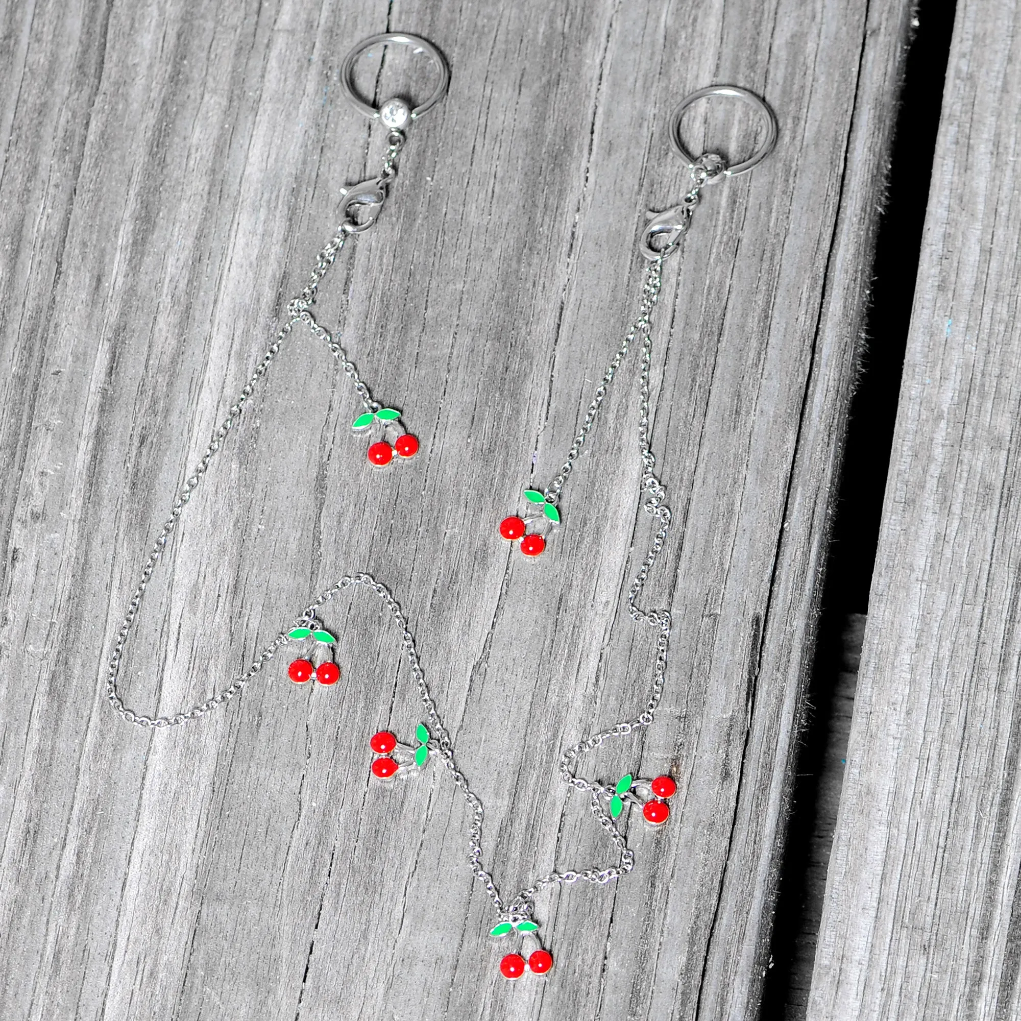 14 Gauge 9/16 Clear Gem Red Cherry Captive Ring Dangle Nipple Chain