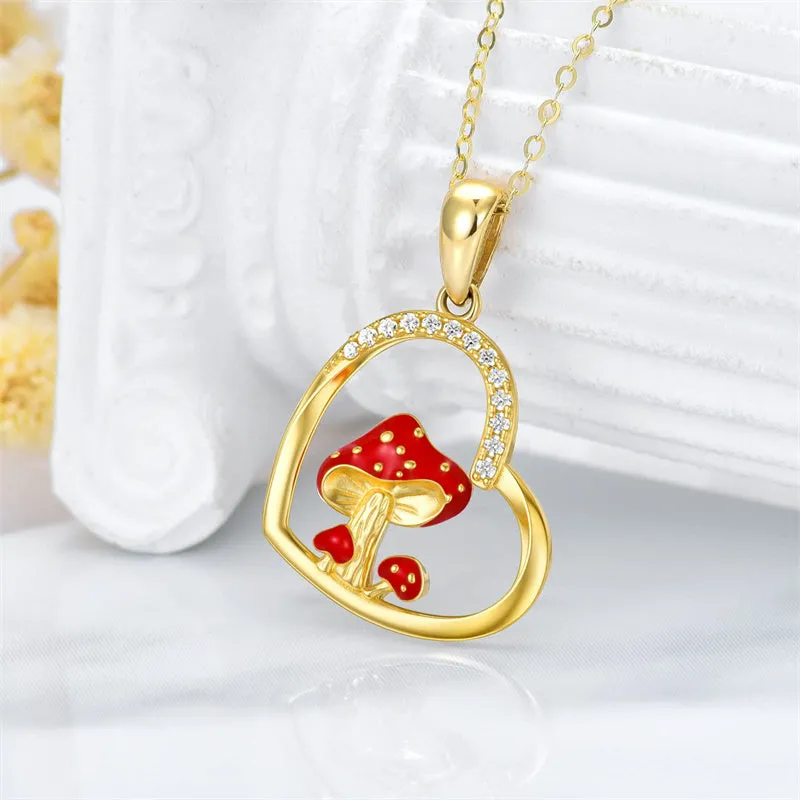 14K Gold 5A Cubic Zirconia Mushroom Pendant Necklace