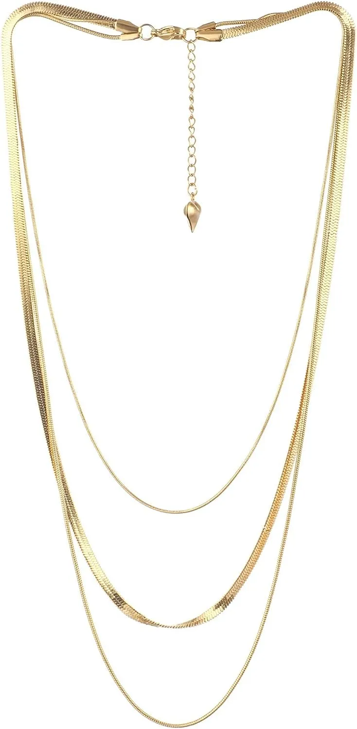 14K Gold Plated Triple Layers Ladies Necklace, Fashion Gold Double Layers Chain, Ladies Pendant Necklace, Silver Snake Chain Long Choker Necklace, Delicate Chain Ladies Necklace, Girls Gift Jewelry
