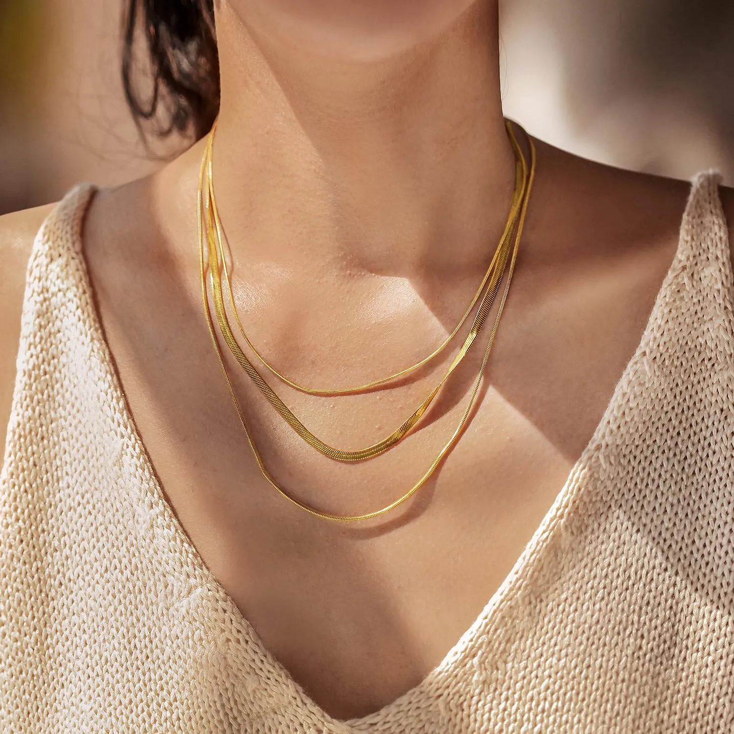 14K Gold Plated Triple Layers Ladies Necklace, Fashion Gold Double Layers Chain, Ladies Pendant Necklace, Silver Snake Chain Long Choker Necklace, Delicate Chain Ladies Necklace, Girls Gift Jewelry