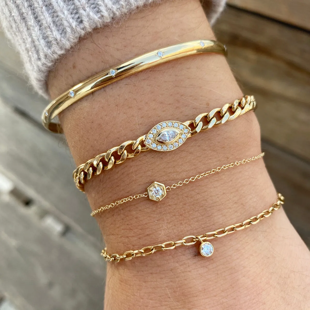 14k Medium Curb Chain Marquise Diamond Halo Bracelet