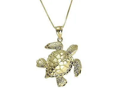 14K SOLID YELLOW GOLD HAWAIIAN SEA OCEAN TURTLE HONU PENDANT EXTRA SHINY LARGE