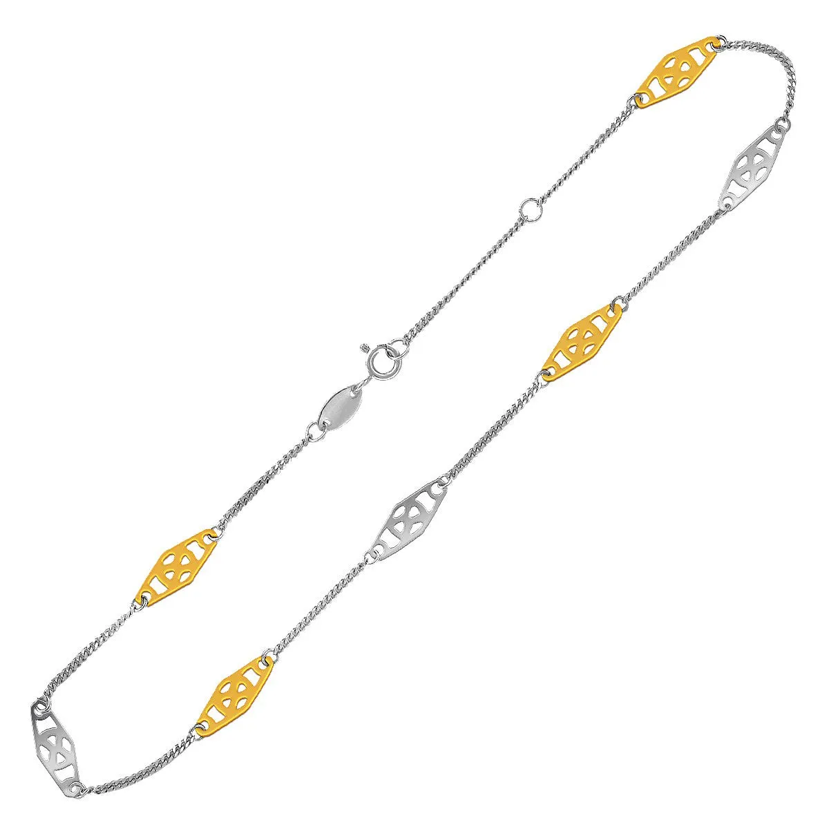 14K Two-Tone Anklet with Rounded Diamond Shape Stations