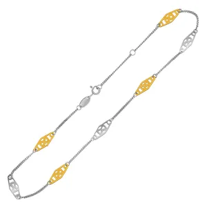 14K Two-Tone Anklet with Rounded Diamond Shape Stations