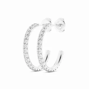 14K White Gold Round Natural Diamond 15mm Hoops Earring
