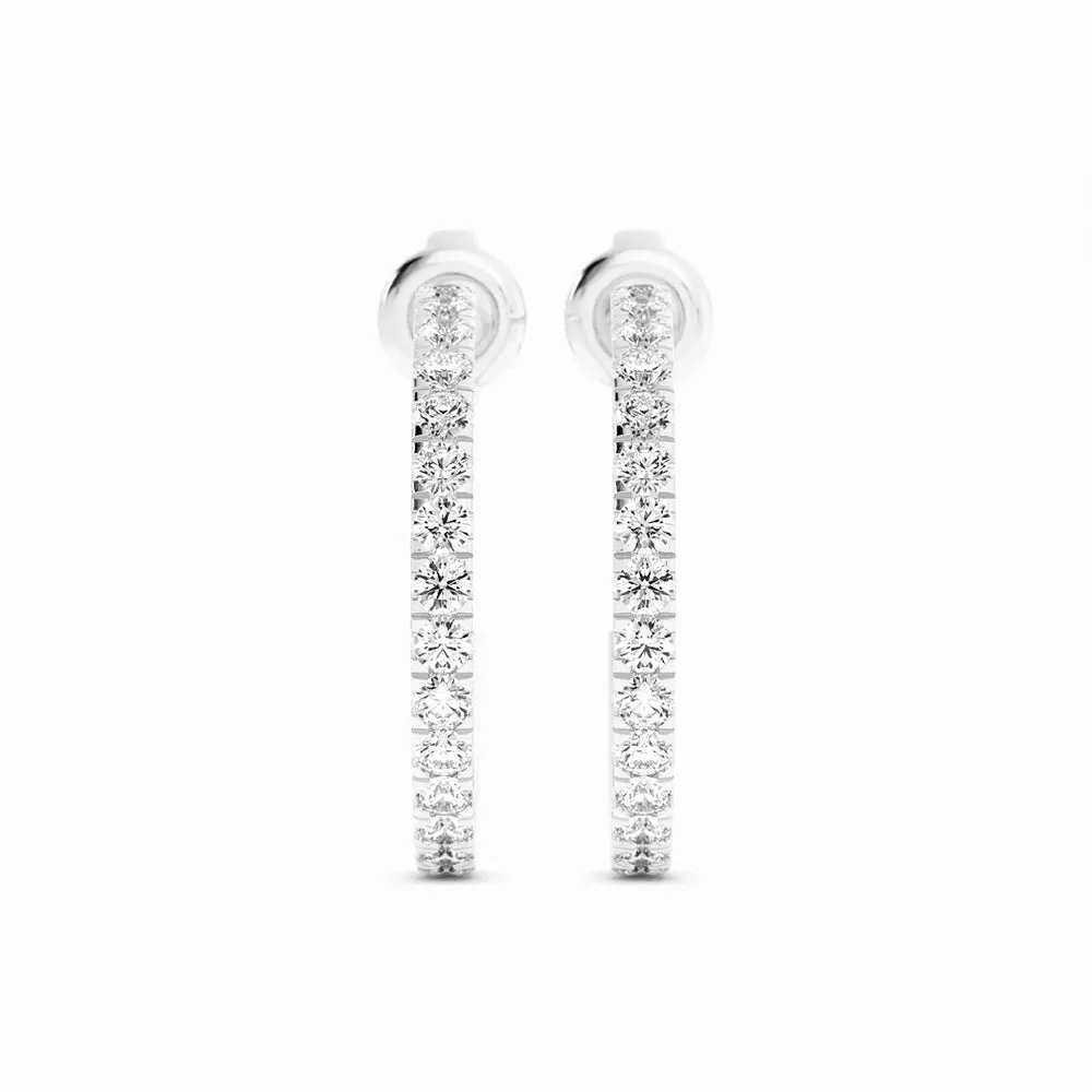 14K White Gold Round Natural Diamond 15mm Hoops Earring
