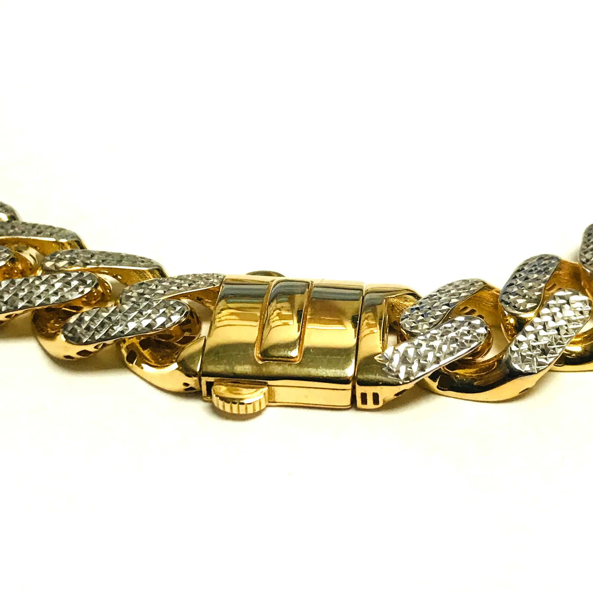14k Yellow And White Gold Miami Cuban Pave Link Chain Necklace, Width 9.5mm, 22"