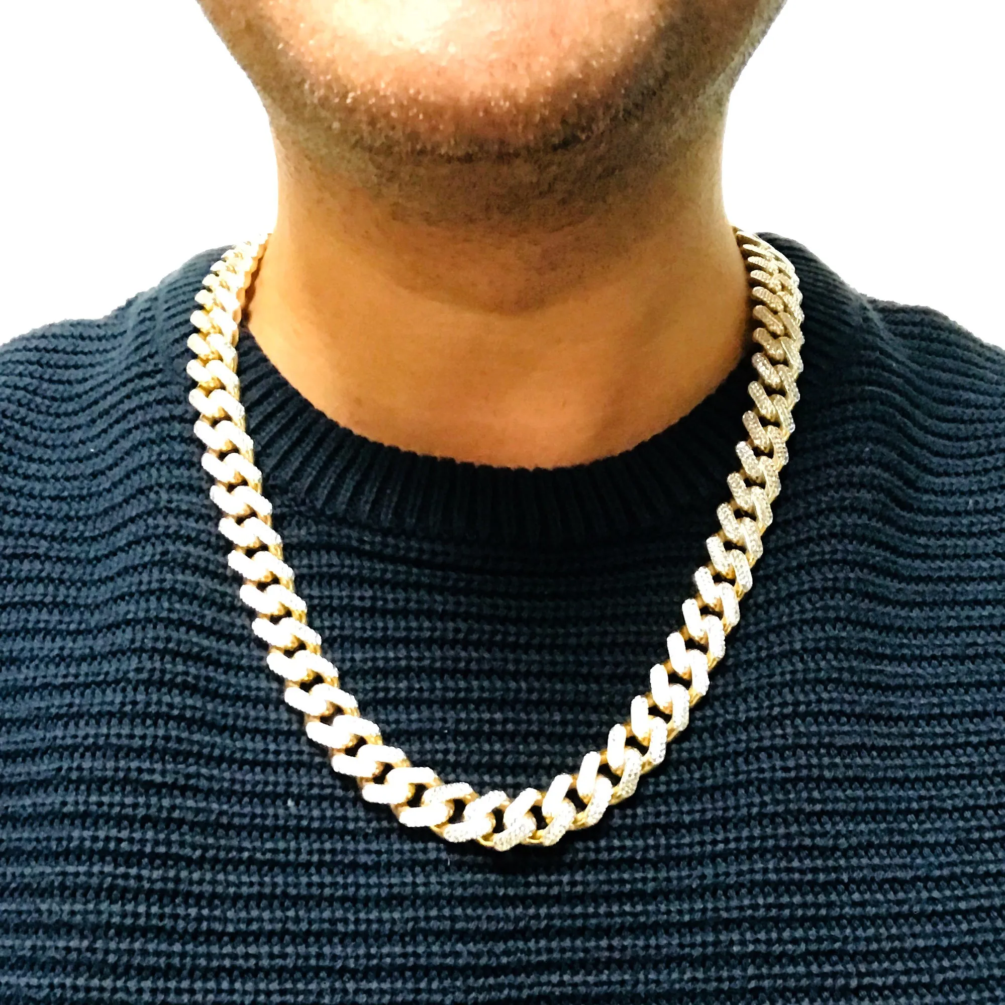 14k Yellow And White Gold Miami Cuban Pave Link Chain Necklace, Width 9.5mm, 22"