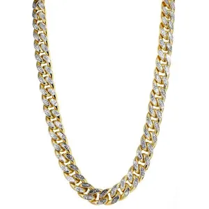 14k Yellow And White Gold Miami Cuban Pave Link Chain Necklace, Width 9.5mm, 22"