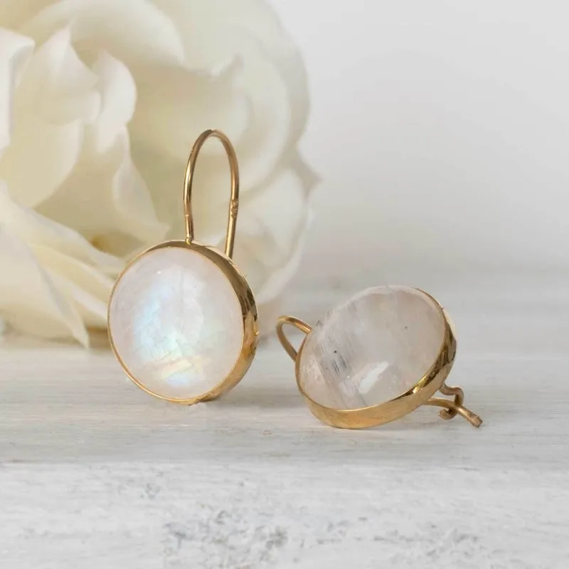 14K Yellow Gold Round White Moonstone 12mm Dangle Earrings