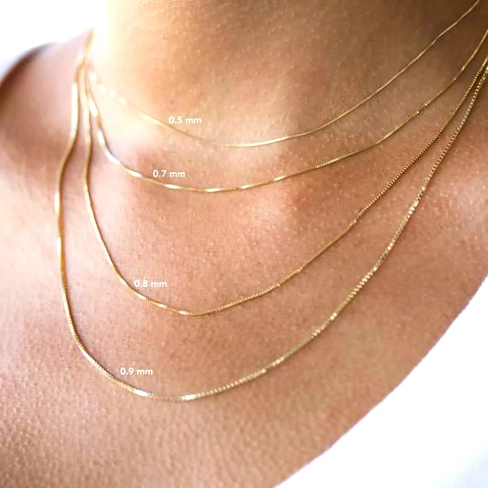 14k Yellow Solid Gold Mirror Box Chain Necklace, 0.7mm