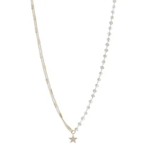 16" Half Double Gold Satellite Bar Chains, Half Smokey Beaded Link Chain & Star Necklace, 3" Ext.