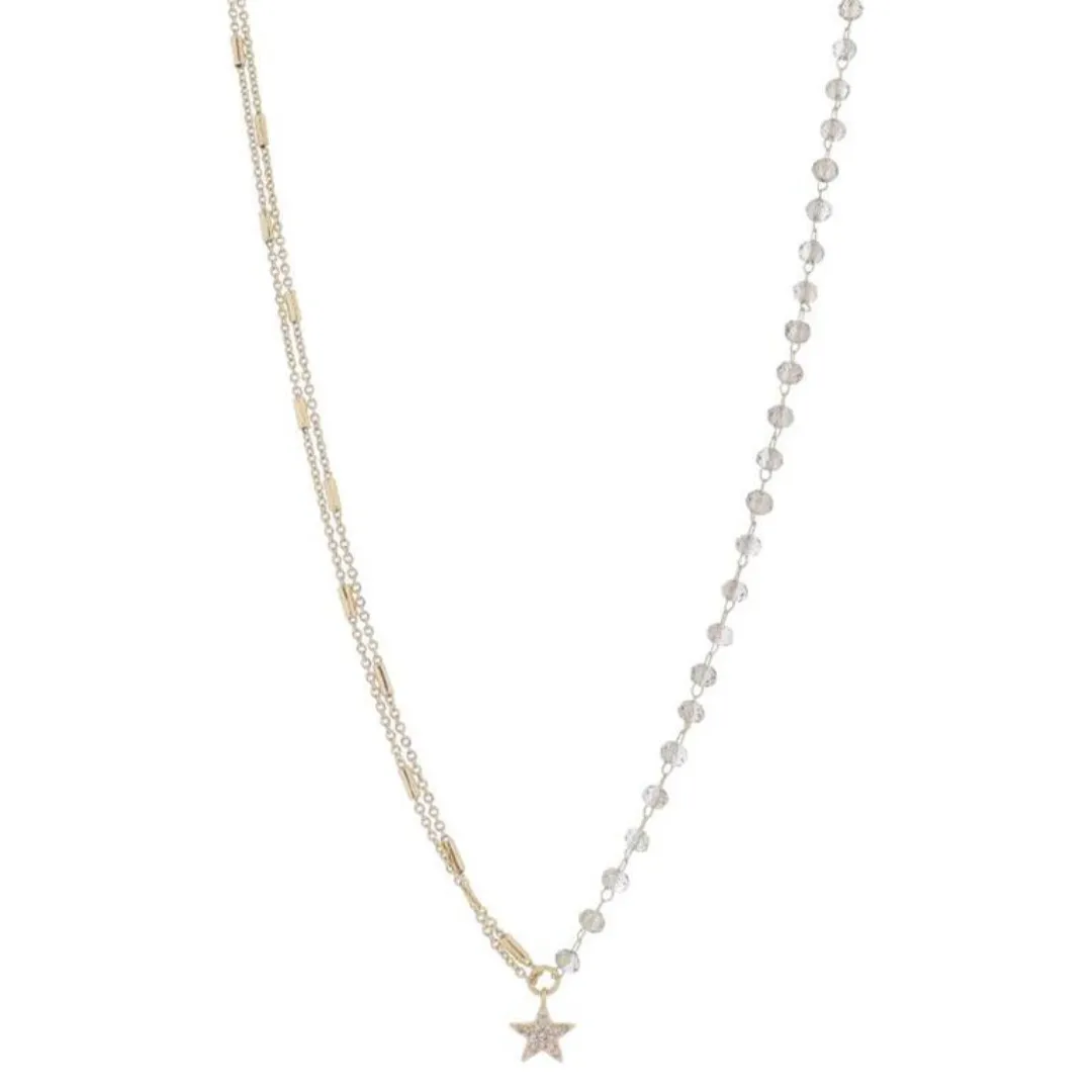 16" Half Double Gold Satellite Bar Chains, Half Smokey Beaded Link Chain & Star Necklace, 3" Ext.