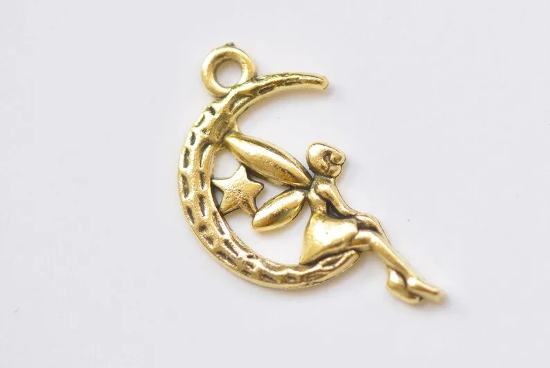 20 pcs Fairy Angel On Crescent Moon Charms Pendants 13x24mm Various Colors