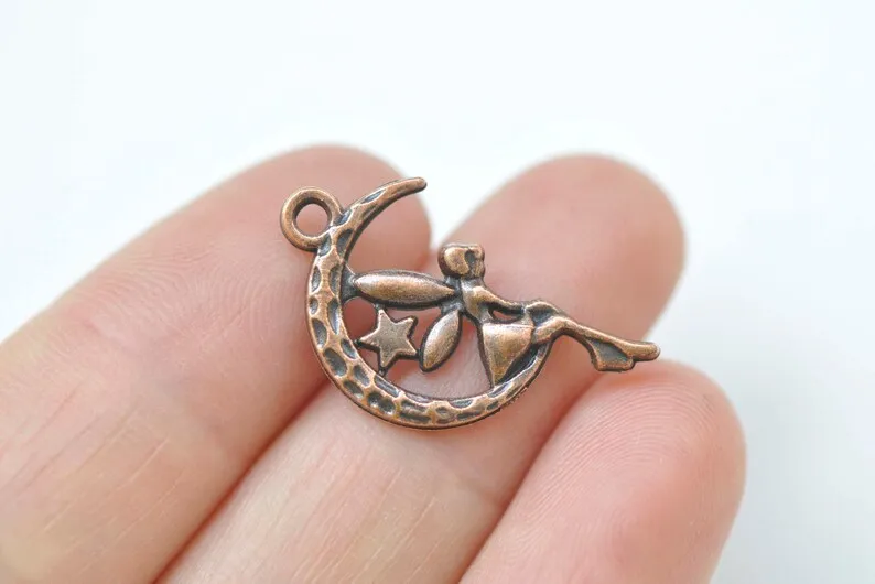20 pcs Fairy Angel On Crescent Moon Charms Pendants 13x24mm Various Colors