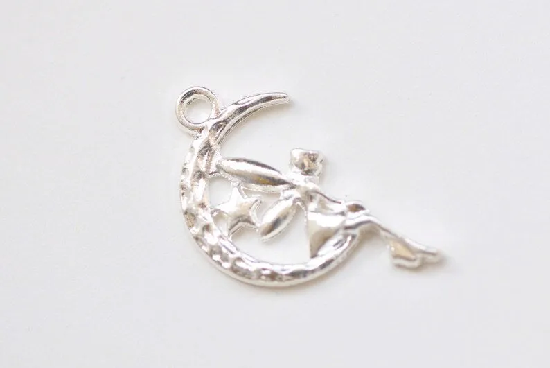 20 pcs Fairy Angel On Crescent Moon Charms Pendants 13x24mm Various Colors
