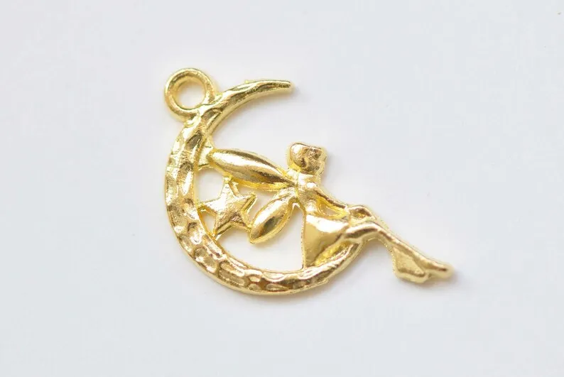 20 pcs Fairy Angel On Crescent Moon Charms Pendants 13x24mm Various Colors