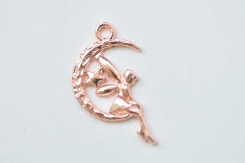 20 pcs Fairy Angel On Crescent Moon Charms Pendants 13x24mm Various Colors