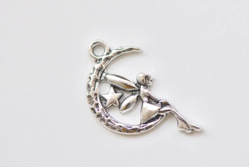 20 pcs Fairy Angel On Crescent Moon Charms Pendants 13x24mm Various Colors