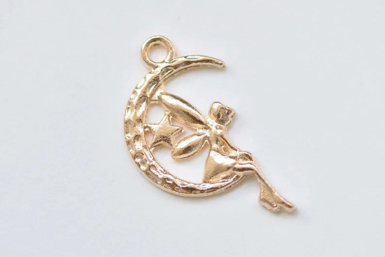20 pcs Fairy Angel On Crescent Moon Charms Pendants 13x24mm Various Colors