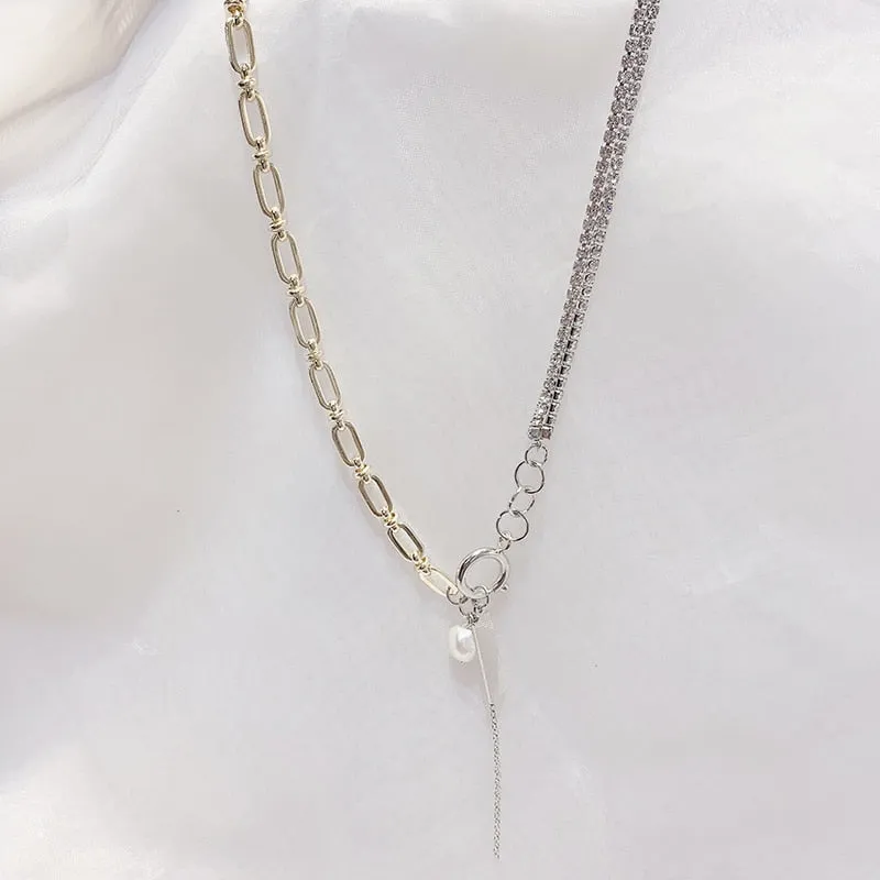 2022 Trendy Metal Chain Splice Rhinestone Chain Choker Necklaces Fresh Pearl Metal Lasso Pendant Collar Hip hop Necklaces Women