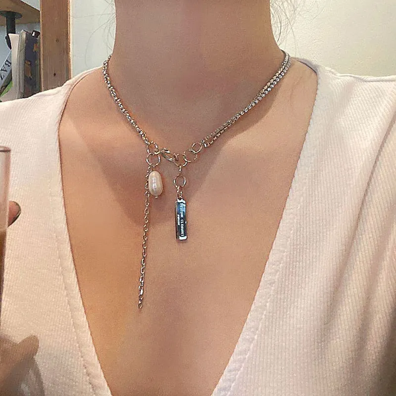 2022 Trendy Metal Chain Splice Rhinestone Chain Choker Necklaces Fresh Pearl Metal Lasso Pendant Collar Hip hop Necklaces Women