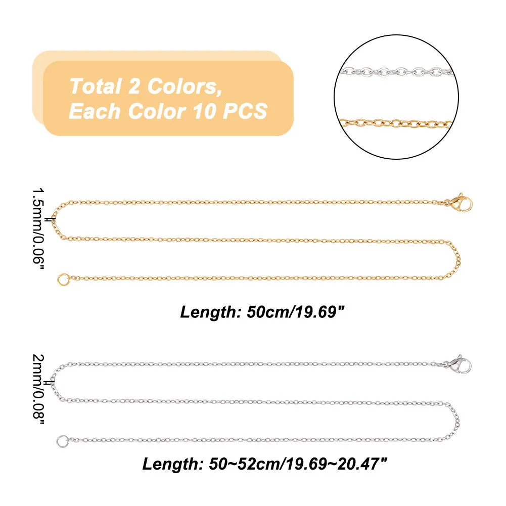 20Pcs 2 Style 304 Stainless Steel Cable Chain Necklaces Set for Men Women, Golden & Stainless Steel Color, 19.5~20.5 inch(50~52cm), 10Pcs/style
