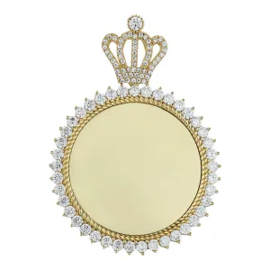 2" Round Crown Flower CZ Medallion Picture Memory Pendant 10K Yellow Gold