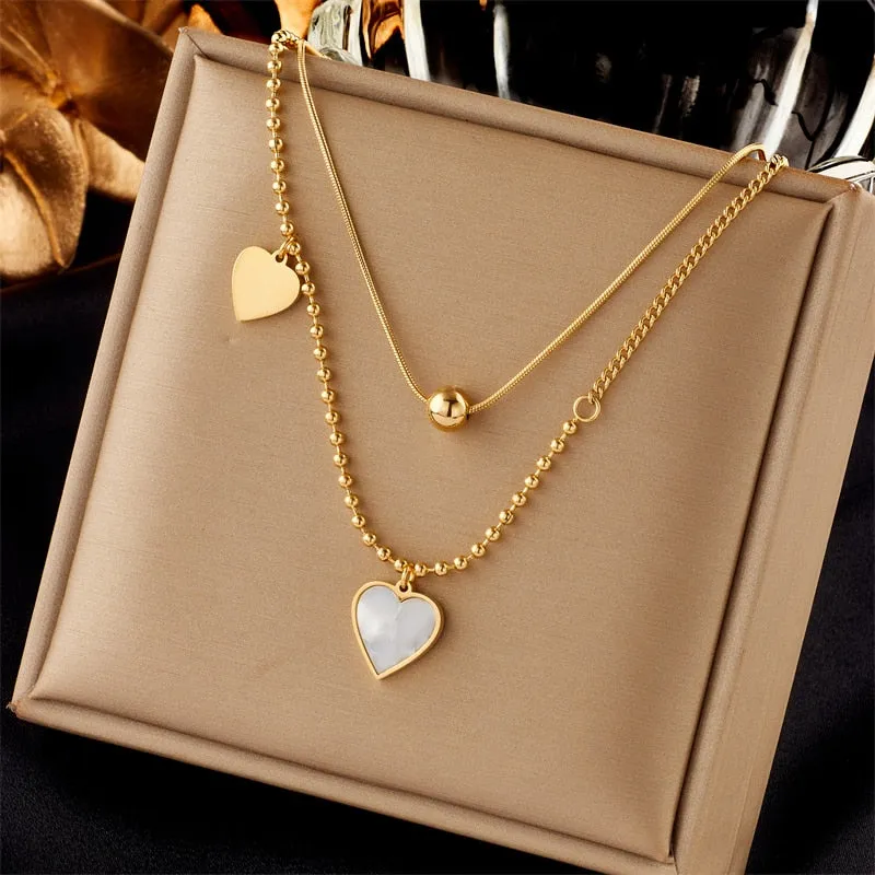 316L Stainless Steel 2 Layers Beads Ball Heart Pendant Necklace For Women