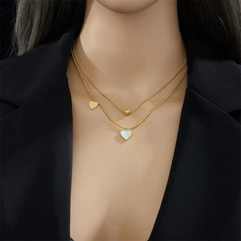 316L Stainless Steel 2 Layers Beads Ball Heart Pendant Necklace For Women