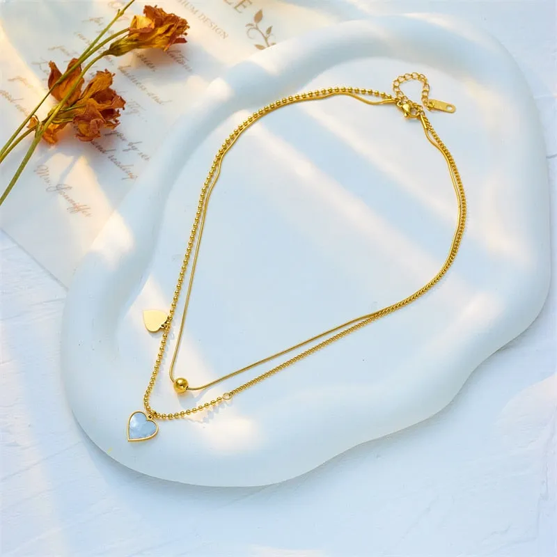 316L Stainless Steel 2 Layers Beads Ball Heart Pendant Necklace For Women