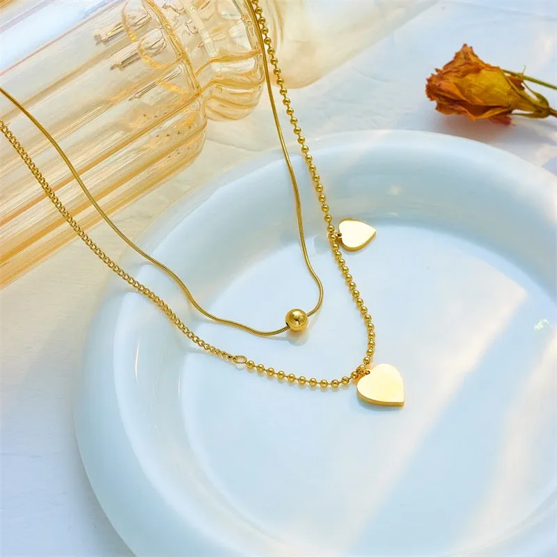 316L Stainless Steel 2 Layers Beads Ball Heart Pendant Necklace For Women