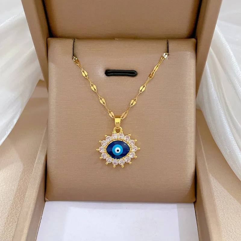 316L Stainless Steel Blue Vintage Eye Pendant Necklace For Women