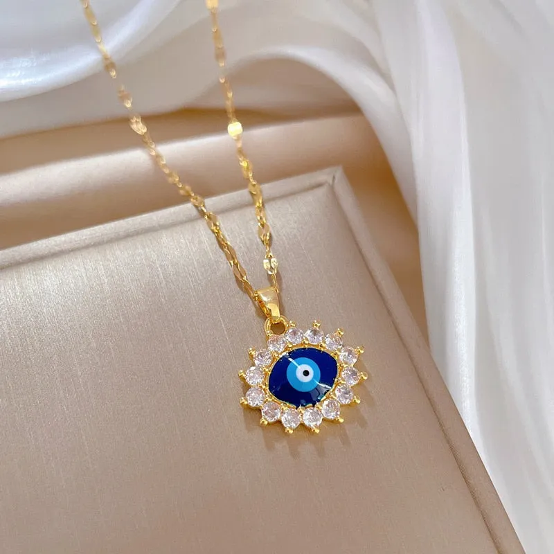 316L Stainless Steel Blue Vintage Eye Pendant Necklace For Women