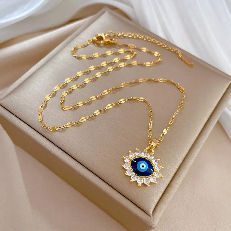 316L Stainless Steel Blue Vintage Eye Pendant Necklace For Women