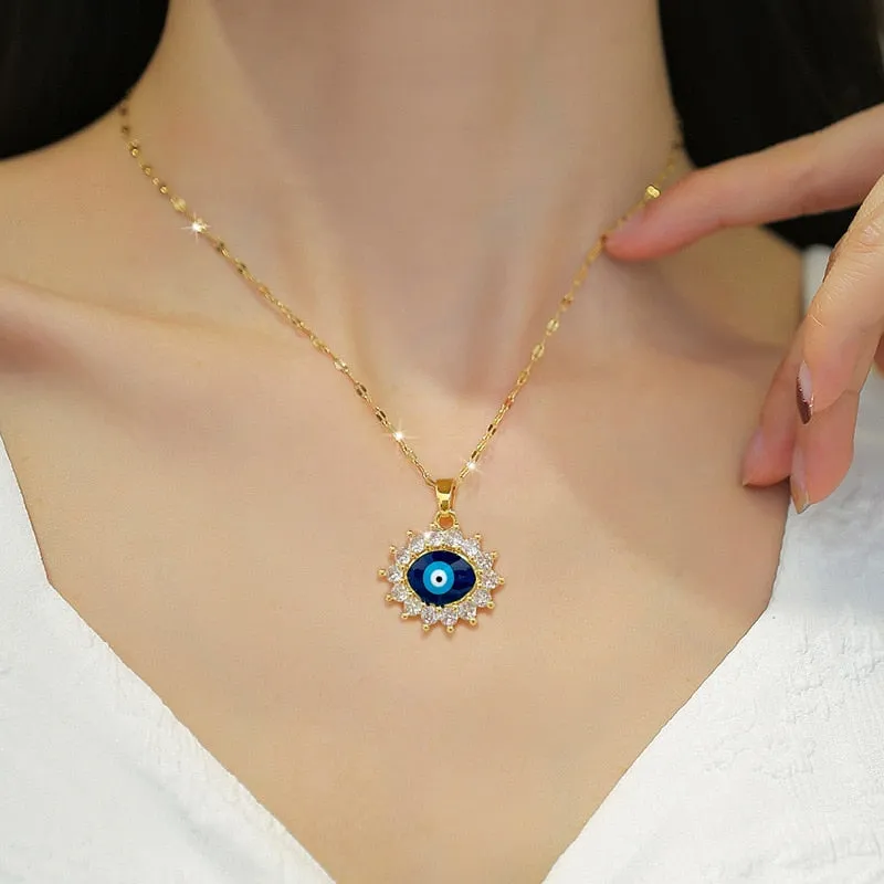 316L Stainless Steel Blue Vintage Eye Pendant Necklace For Women