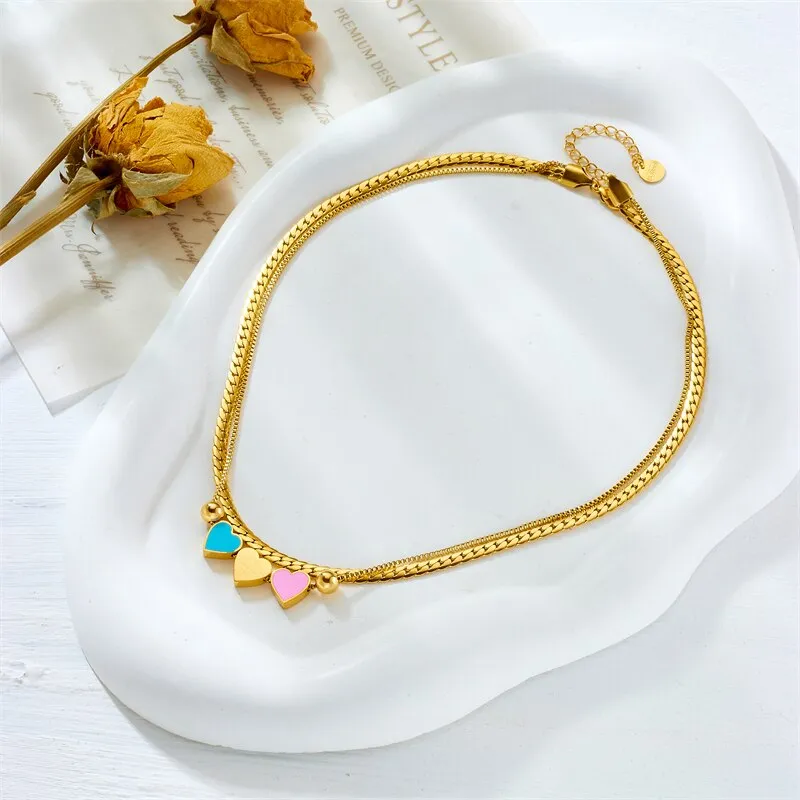 316L Stainless Steel Double Layer Lovely Heart Charm Necklace For Women