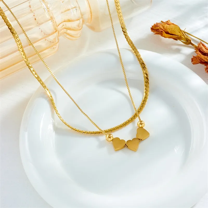 316L Stainless Steel Double Layer Lovely Heart Charm Necklace For Women