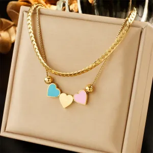316L Stainless Steel Double Layer Lovely Heart Charm Necklace For Women